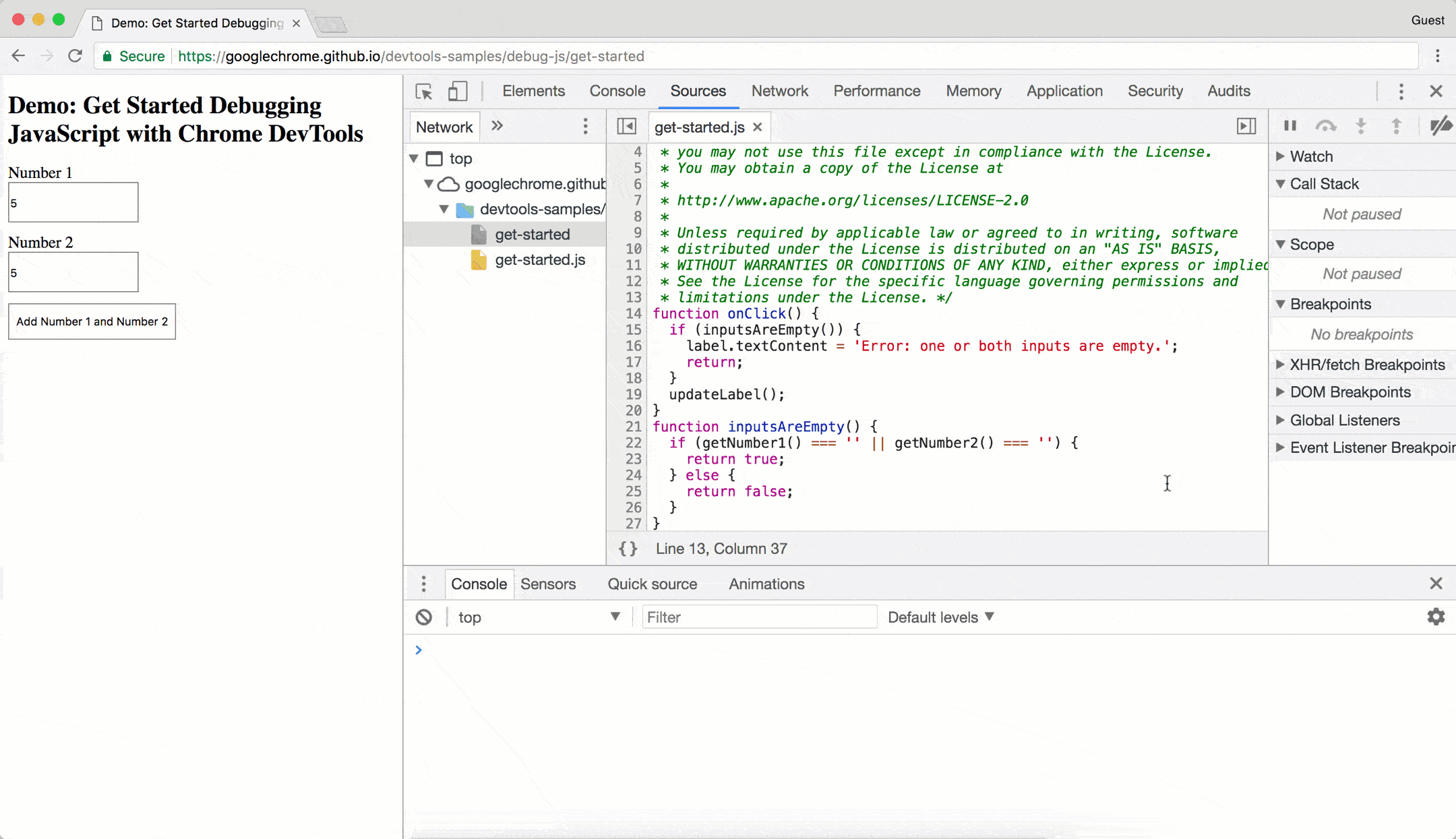 Редактирование JavaScript на панели редактора.
