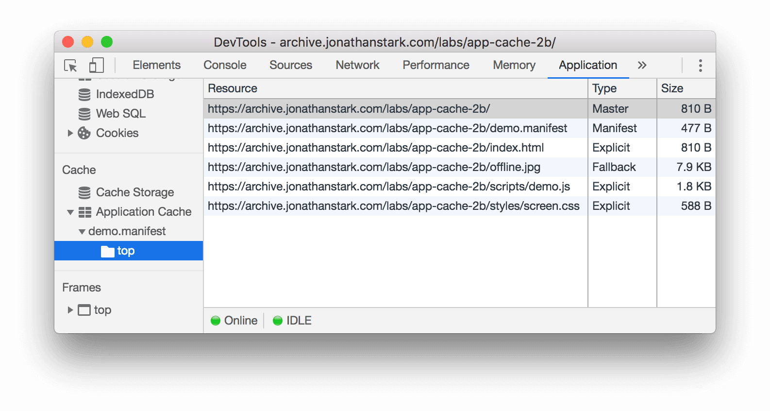 Riquadro Cache applicazione