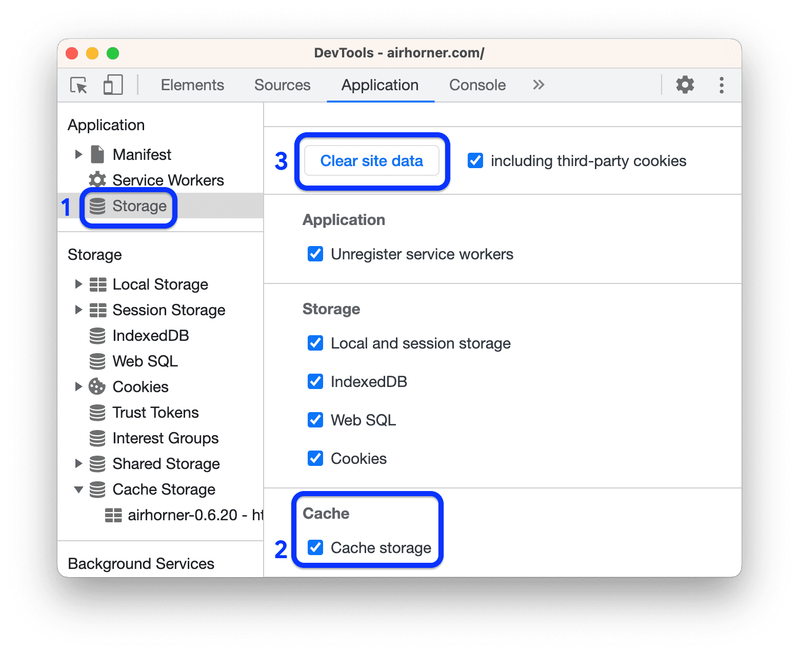 The Cache Storage checkbox and the Clear site data button.