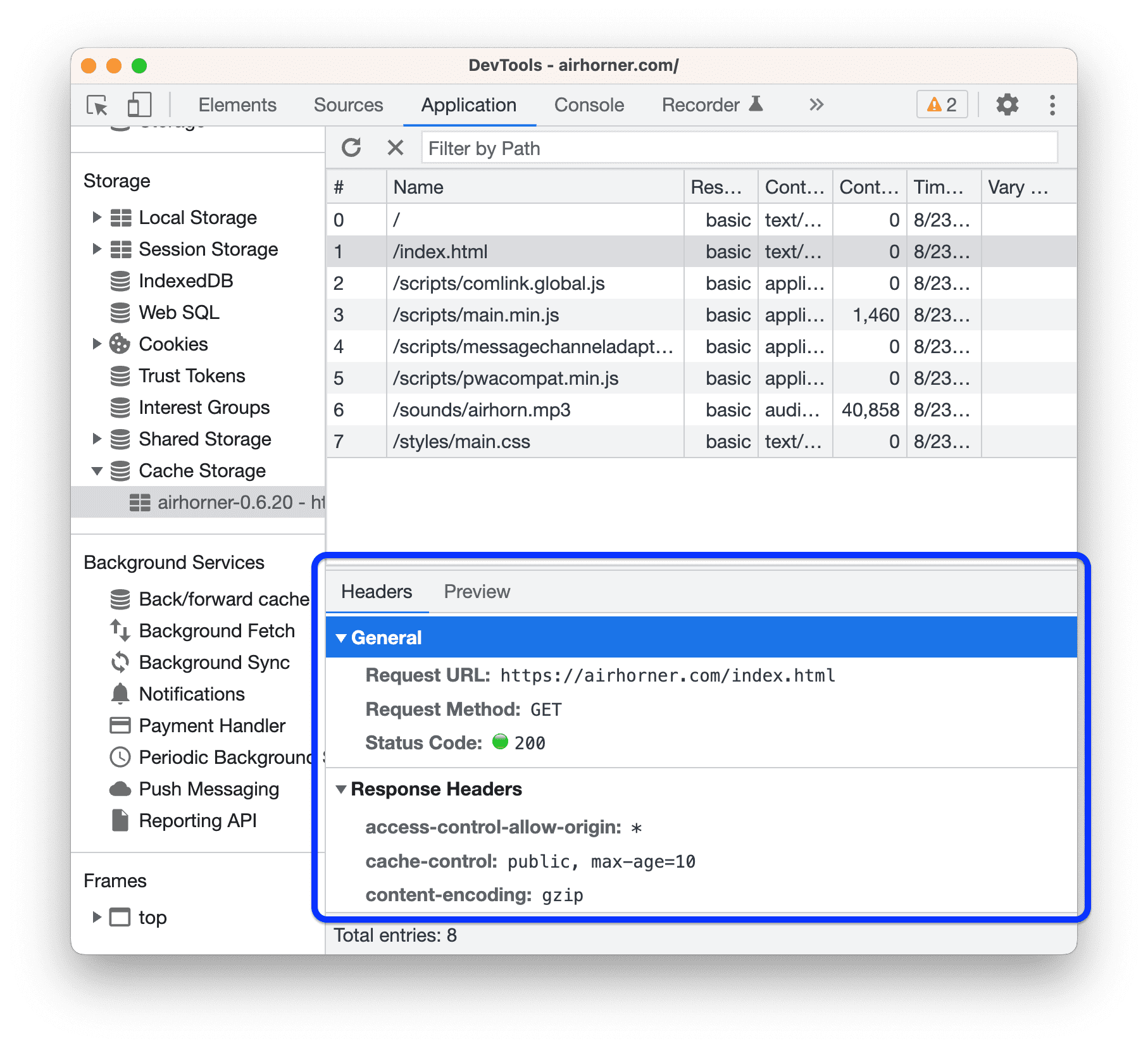 Viewing a resource's HTTP headers.