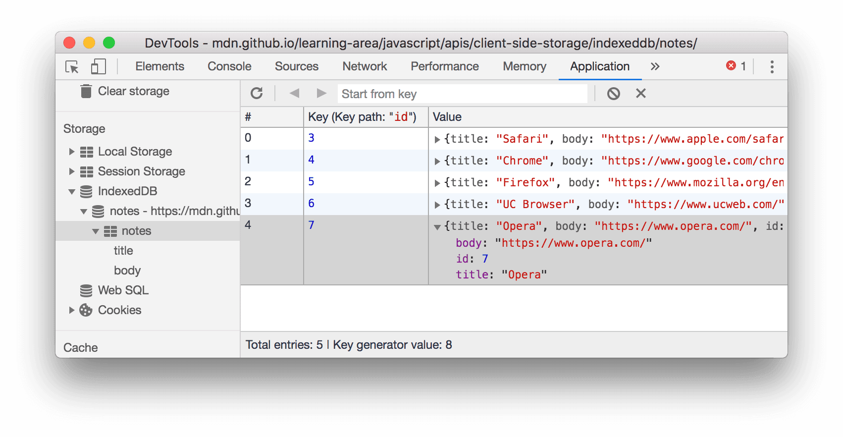 查看 IndexedDB 的值