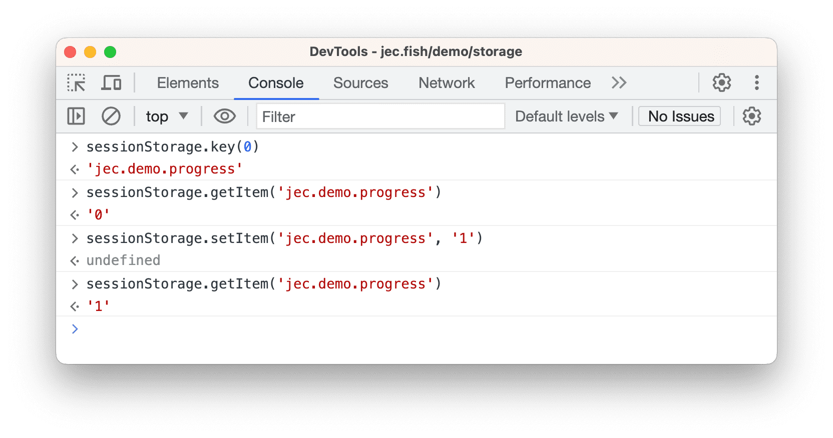 Berinteraksi dengan `sessionStorage` dari Konsol