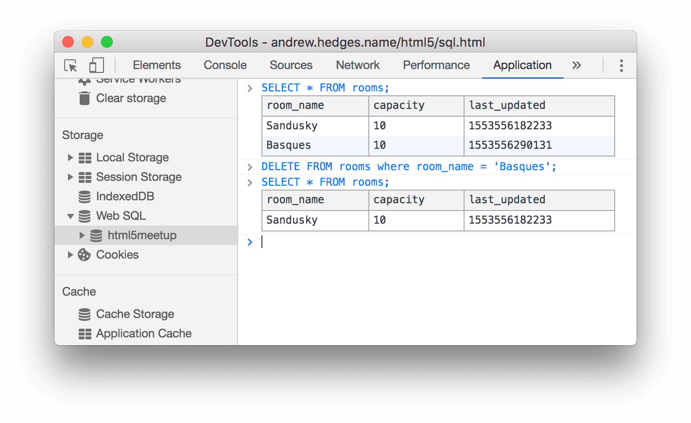 Używanie konsoli Web SQL do usuwania wierszy z tabeli.