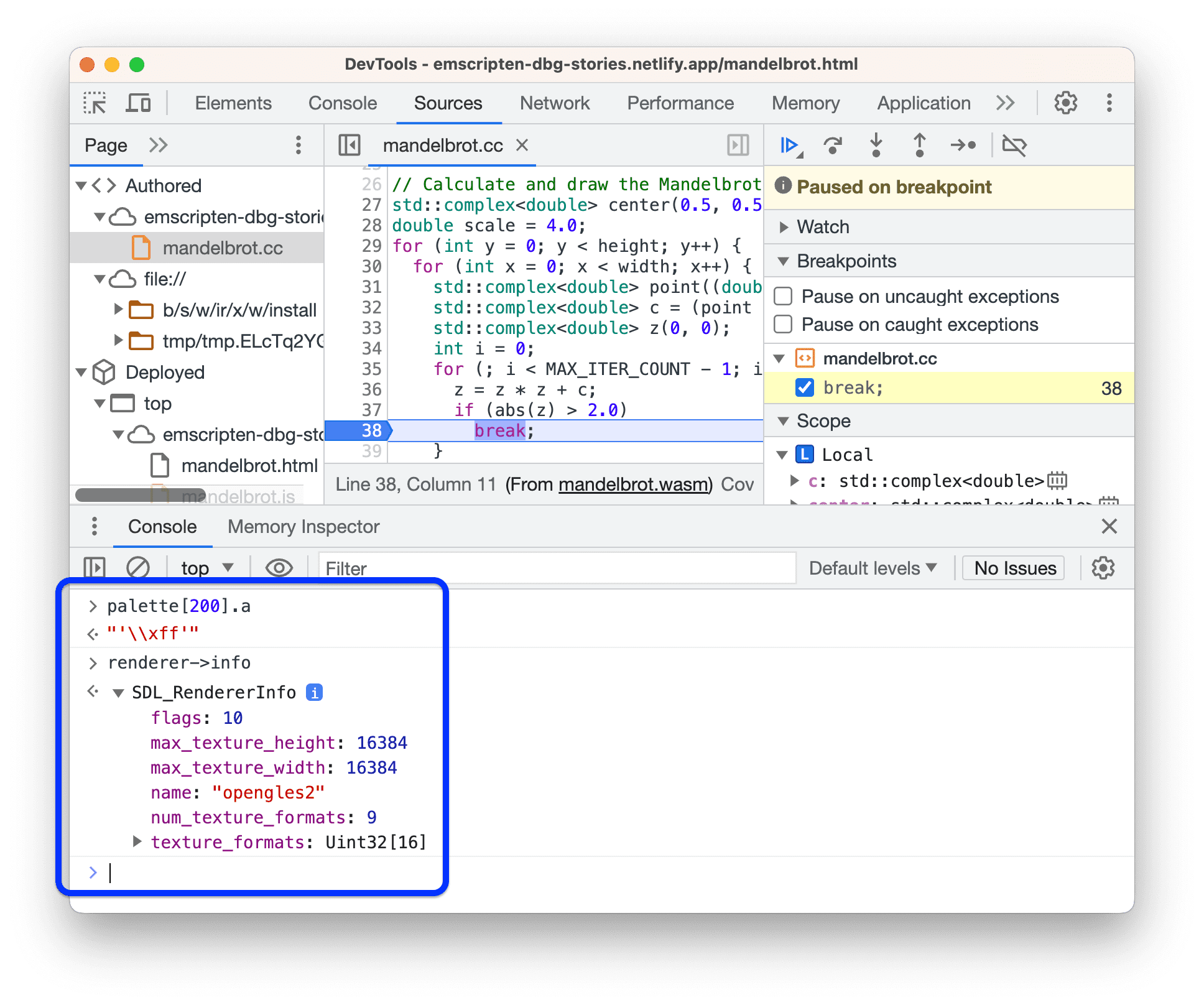 A nested variable and a complex object expanded in the Console.