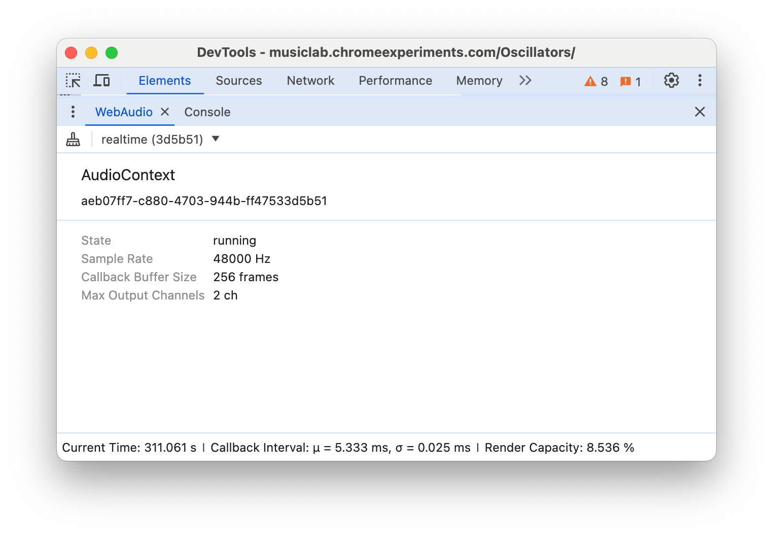 Riquadro WebAudio in DevTools