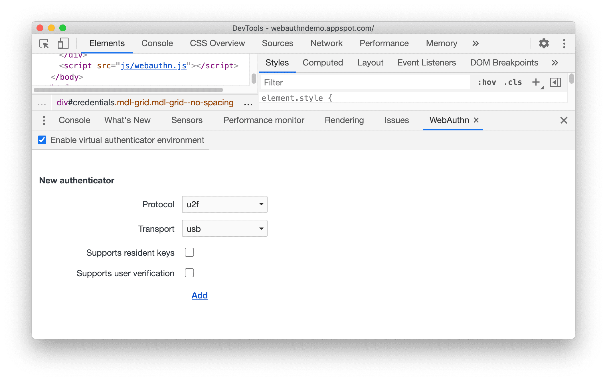 Enable virtual authenticator environment