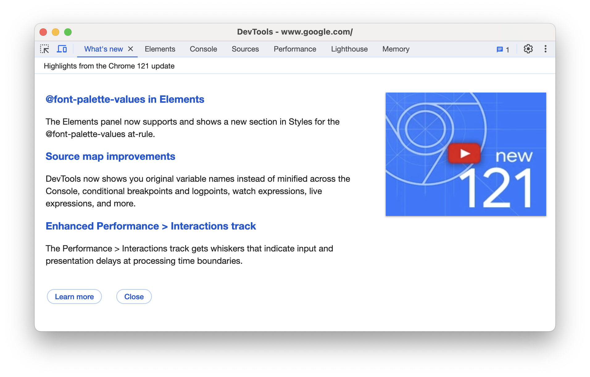 &#39;नया क्या है&#39; पैनल खुला हुआ DevTools