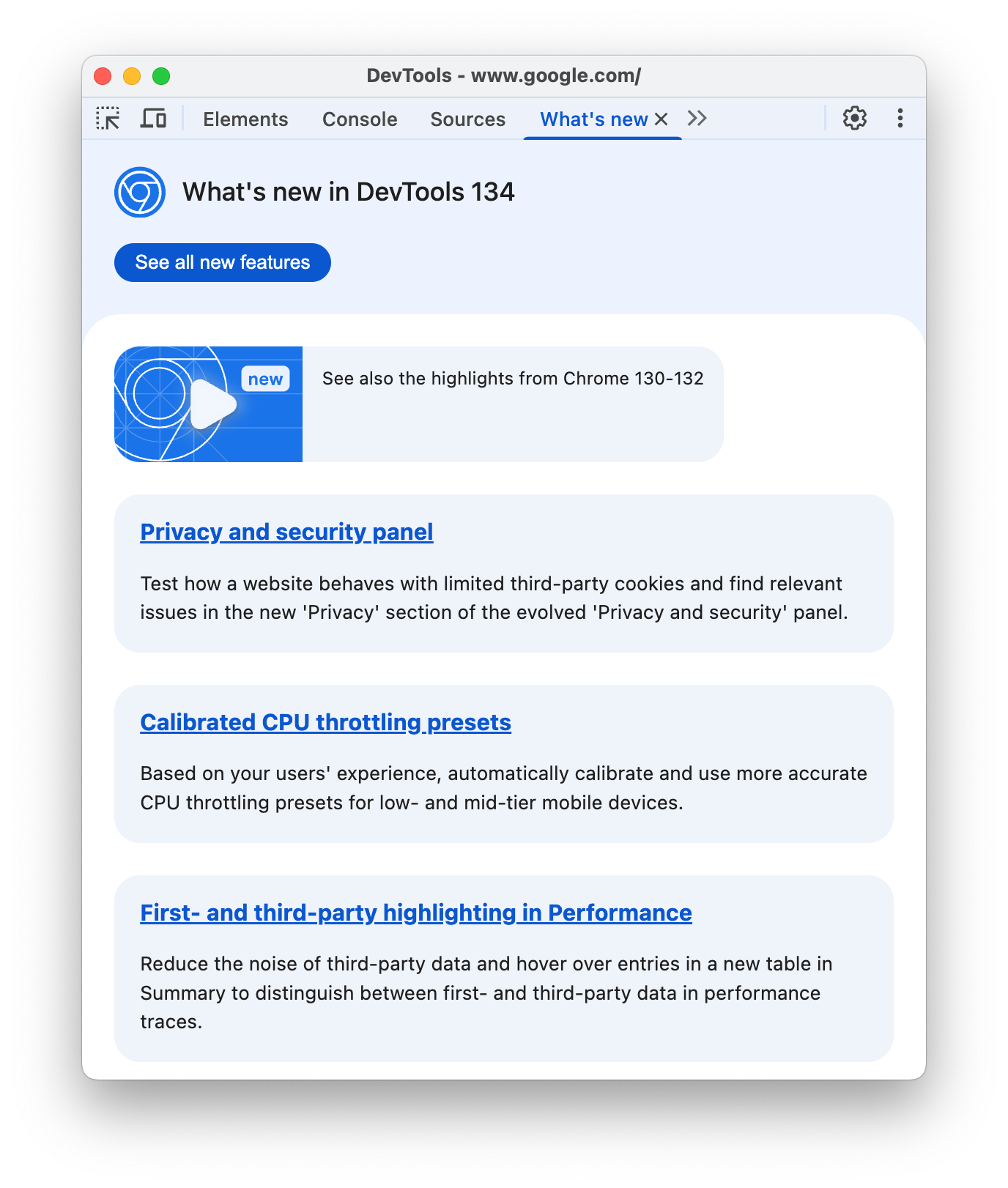 DevTools with What's New panel open