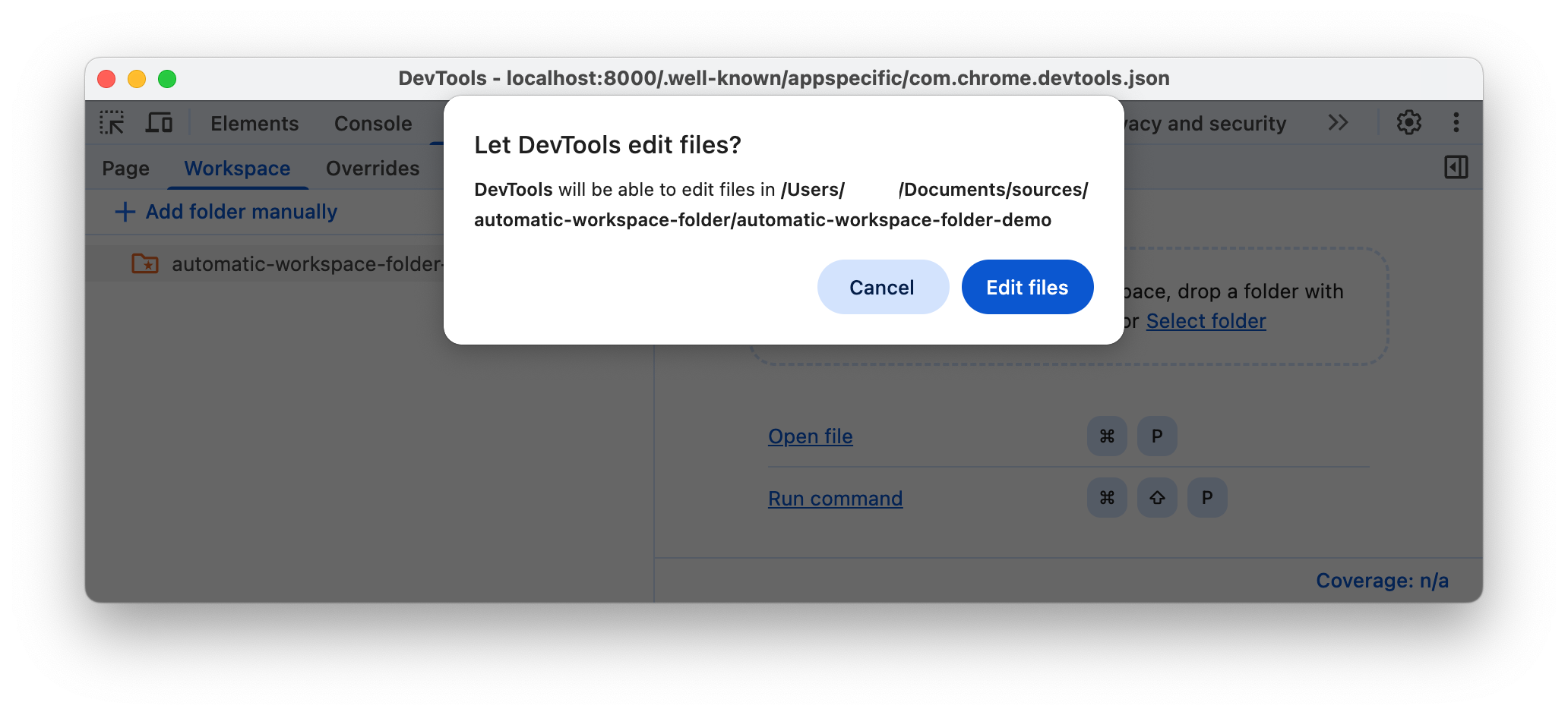 ข้อความแจ้งให้ DevTools เข้าถึงโฟลเดอร์