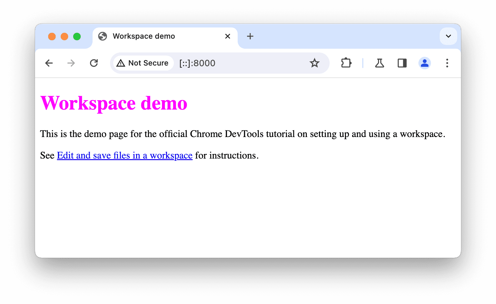 La pagina di demo ospitata localmente si è aperta in Chrome.