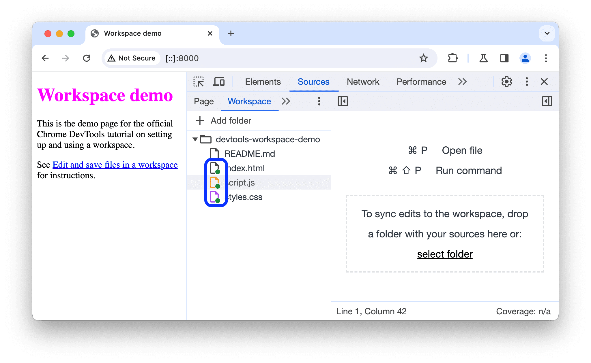 The Workspace tab now shows a mapping between the local files and the network ones.