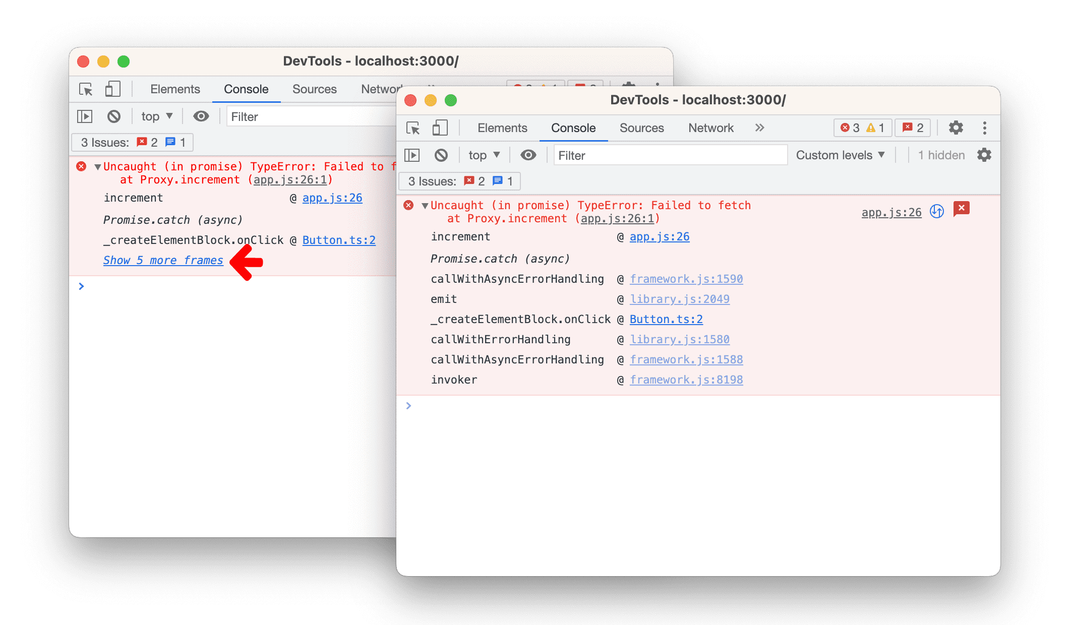 Uma comparação do stack trace recolhido e expandido.