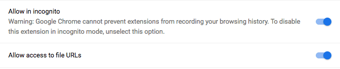 Consenti gli URL dei file e la modalità di navigazione in incognito nella pagina dei dettagli delle estensioni