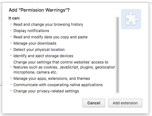 Avisos de permissão de extensão na instalação