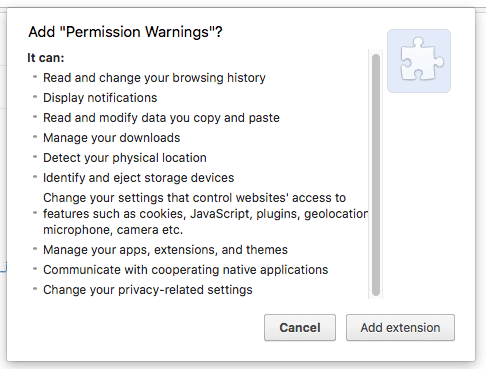 Advertencias sobre los permisos de extensiones durante la instalación