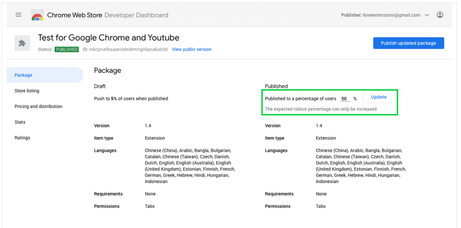 ช่องเปอร์เซ็นต์การเปิดตัวการอัปเดต Chrome เว็บสโตร์ที่แสดงในหน้าแดชบอร์ดสำหรับนักพัฒนาซอฟต์แวร์