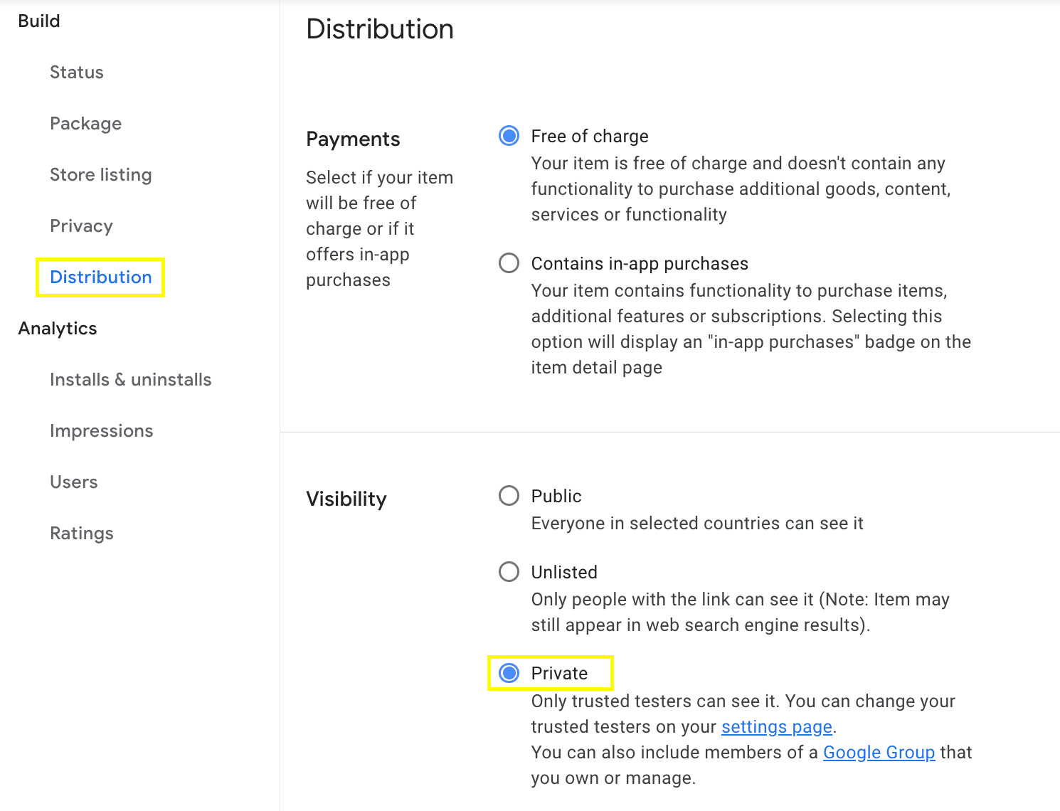 Sichtbarkeit auf dem Tab „Distribution“ auf „Privat“ festlegen