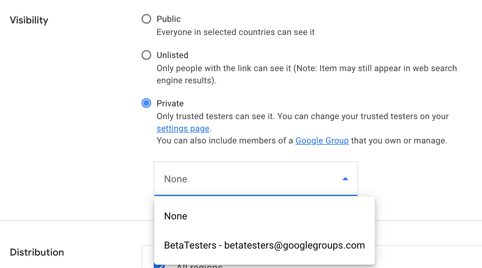 Establecer la visibilidad como privada y elegir un grupo de Google para distribuir la extensión