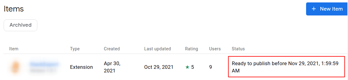 État de l&#39;élément en préproduction dans le tableau de bord du développeur