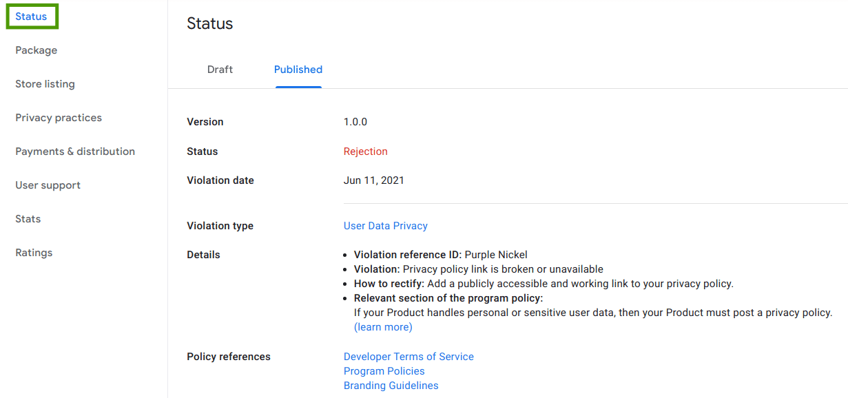 Onglet &quot;État&quot; du Chrome Web Store
