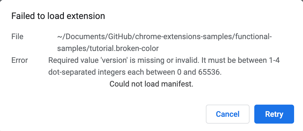 একটি অবৈধ ম্যানিফেস্ট কী সহ একটি এক্সটেনশন লোড করার চেষ্টা করার সময় একটি ত্রুটি ডায়ালগ ট্রিগার করে৷