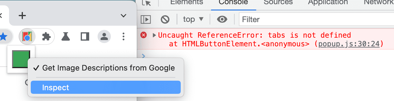 In den DevTools wird ein Pop-up-Fehler angezeigt.