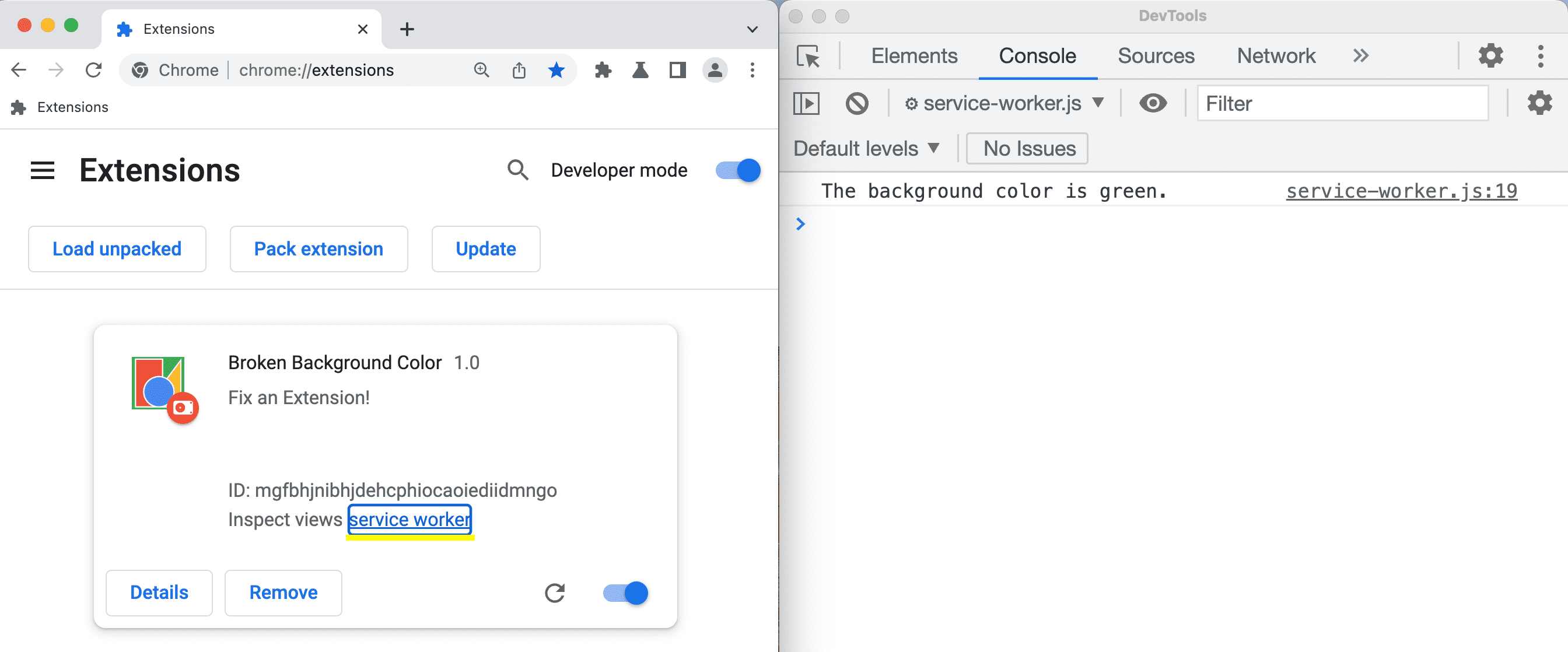 De DevTools openen voor de extensieservicemedewerker.