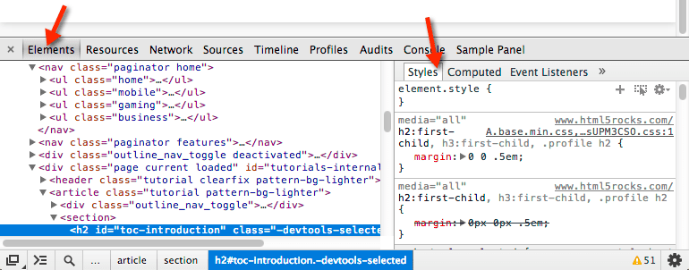 Jendela DevTools yang menampilkan panel Elemen dan panel sidebar Gaya.