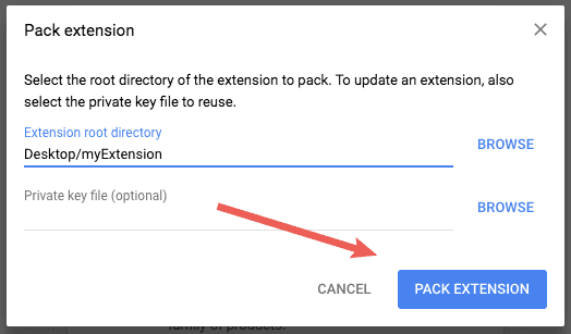 Especifica la ruta de acceso de la extensión y, luego, haz clic en Pack Extension.