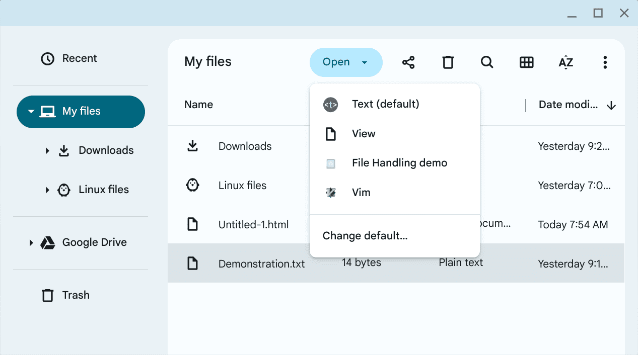 Un controlador de archivos agregado al menú Abrir de ChromeOS.