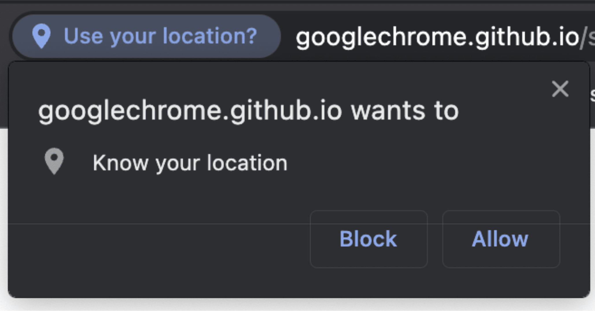 Captura de pantalla de la solicitud de permiso que se muestra cuando un sitio web solicita acceso a la API de ubicación geográfica
