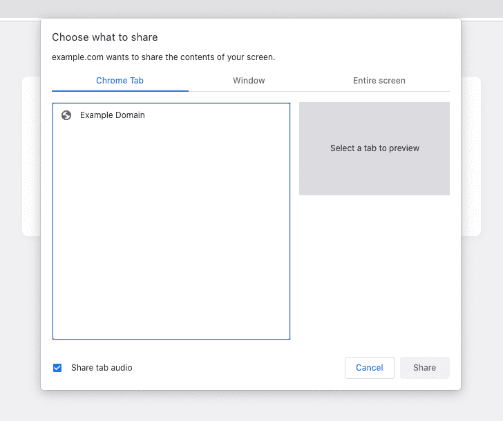 Caixa de diálogo de compartilhamento de tela de example.com