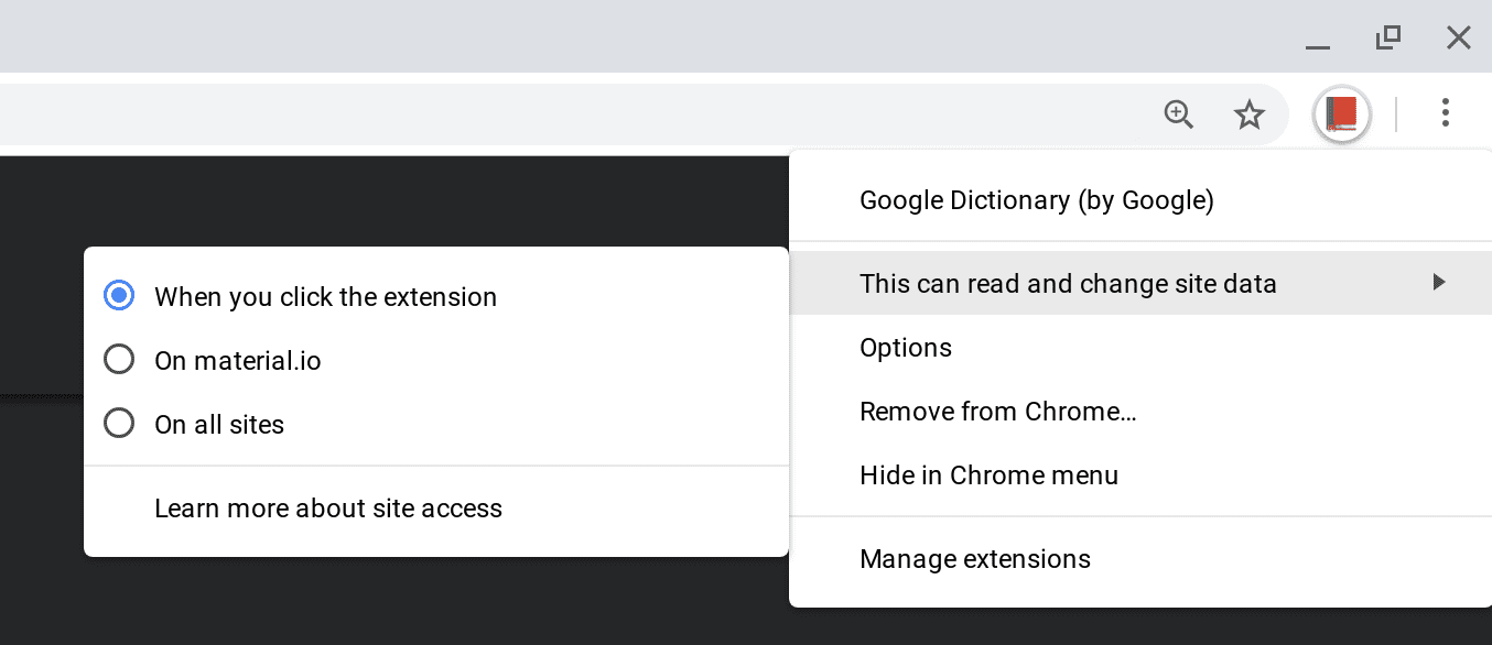 Captura de pantalla de los controles del menú contextual para los permisos del host de tiempo de ejecución.
            incluidas las opciones para ejecutar la extensión cuando se hace clic, en un sitio específico o en todos los sitios.