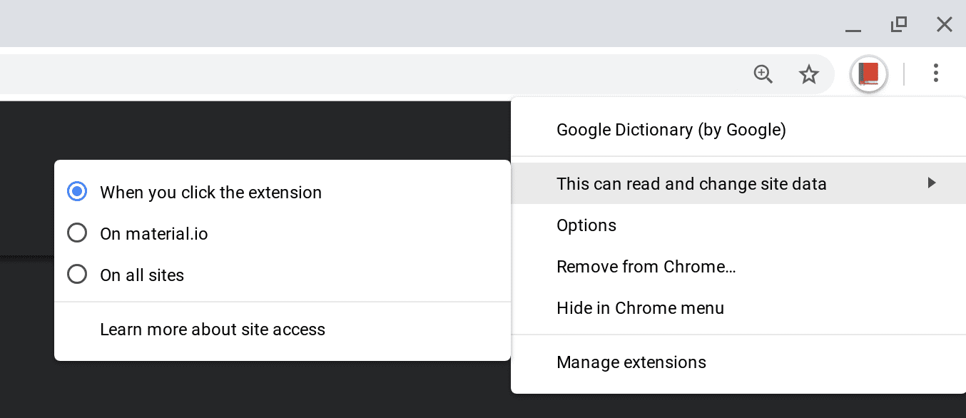 Captura de pantalla de los controles del menú contextual para los permisos del host de tiempo de ejecución, incluidas las opciones para ejecutar la extensión con un clic, en un sitio específico o en todos los sitios.