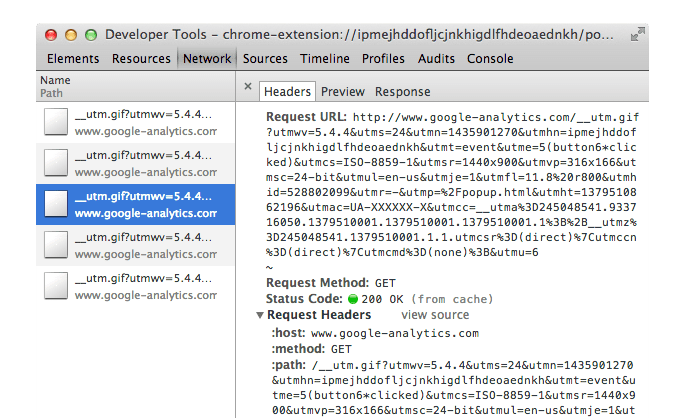 डेवलपर टूल विंडो, जिसमें __utm.gif अनुरोध दिख रहा है