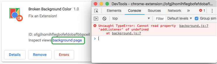 DevTools 显示背景脚本错误