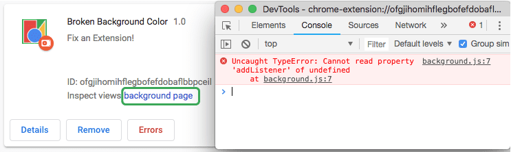 DevTools خطای اسکریپت پس‌زمینه را نمایش می‌دهد
