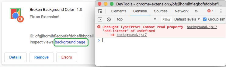 DevTools menampilkan error skrip latar belakang