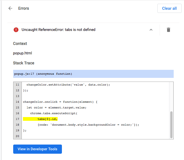 Página de administración de extensiones con un error de ventana emergente