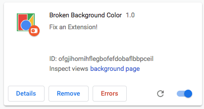 Imagem mostrando o botão de erro na página de gerenciamento de extensões
