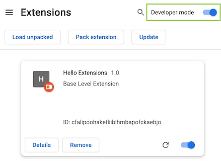 Strona Rozszerzenia w Chrome z podświetlonym przełącznikiem Tryb programisty