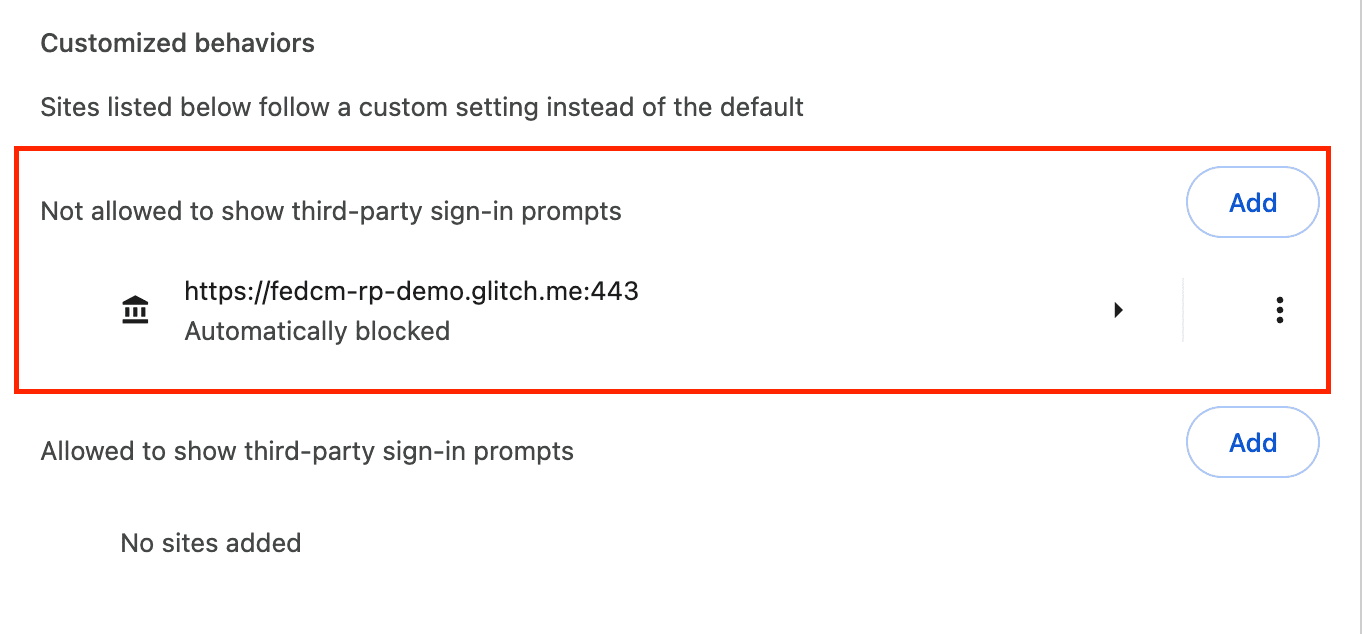 UI displaying the sites that are not allowed to show prompts for third-party sign-in.