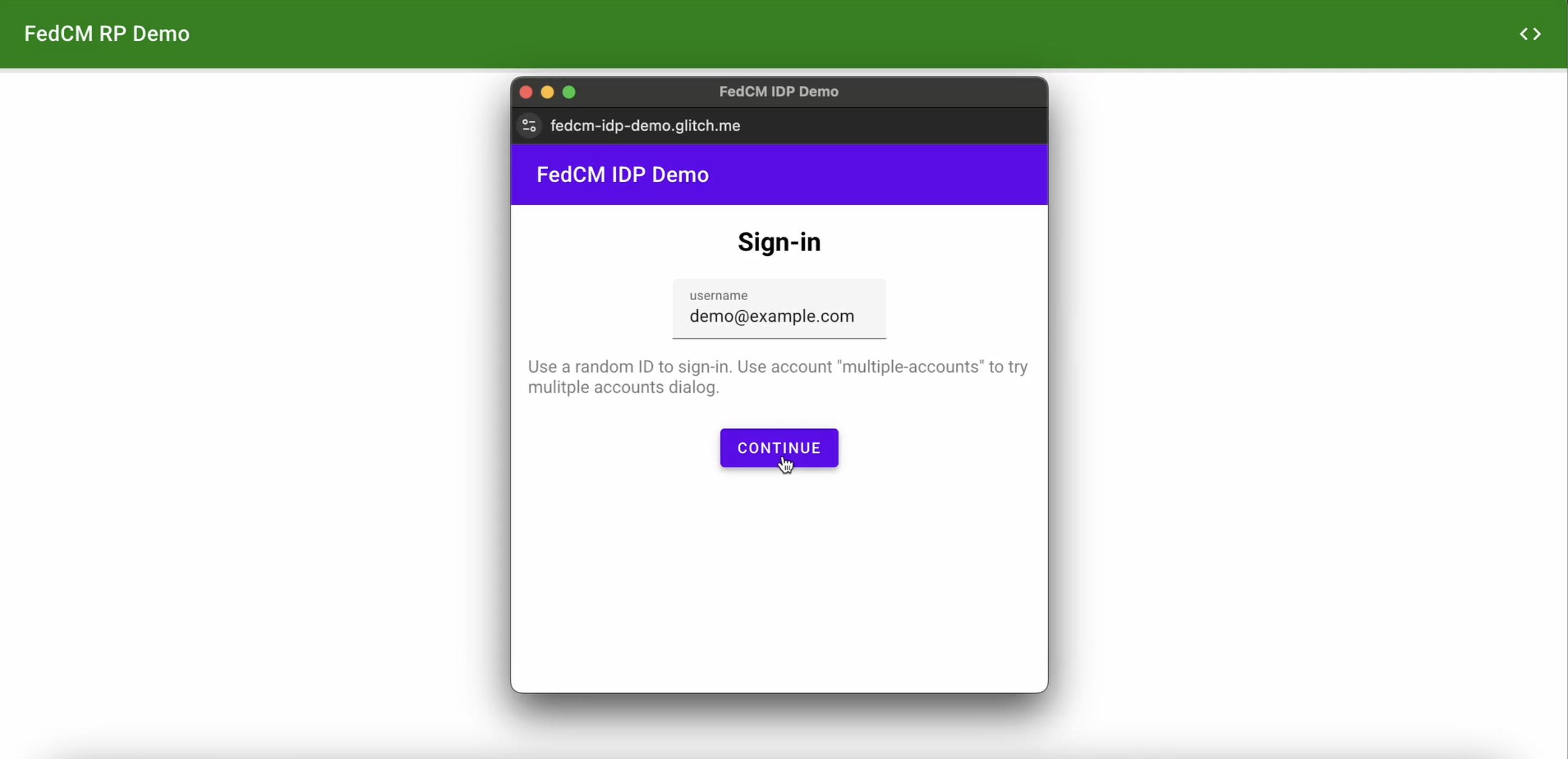 یک نمونه پنجره محاوره‌ای FedCM.