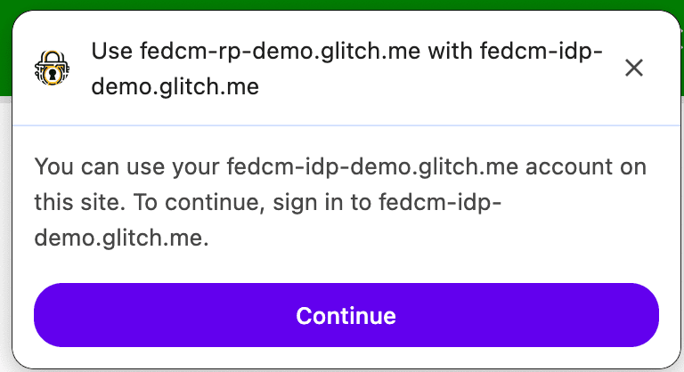 Uma caixa de diálogo da API FedCM mostrando uma mensagem de contexto personalizada: em vez de &quot;Fazer login&quot; com a API FedCM, a mensagem de contexto diz &quot;Usar&quot; a API FedCM.