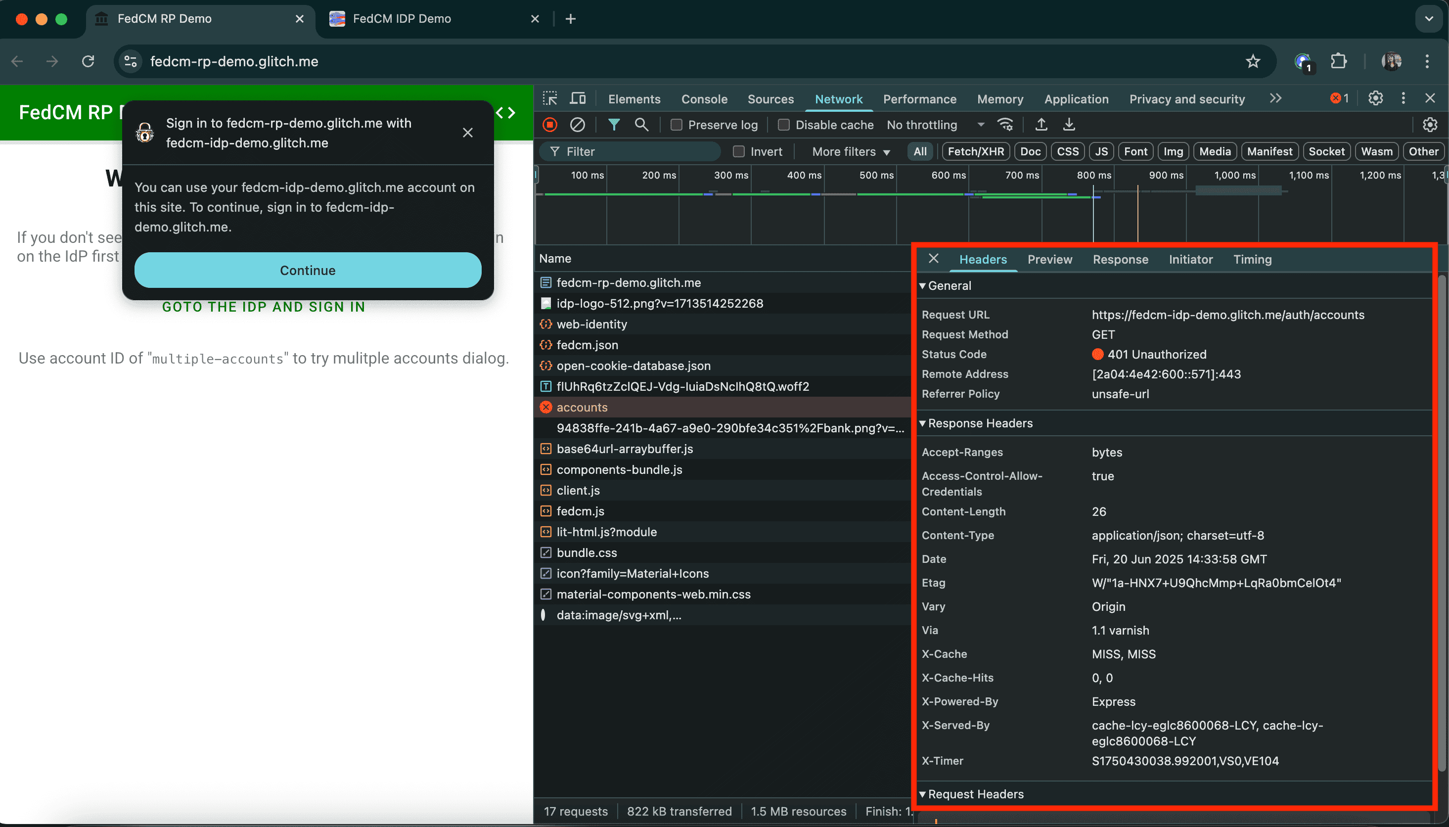 要求詳細資料的「Headers」分頁指出，對「accounts」端點的要求失敗，並顯示「401 Unauthorized」狀態碼。