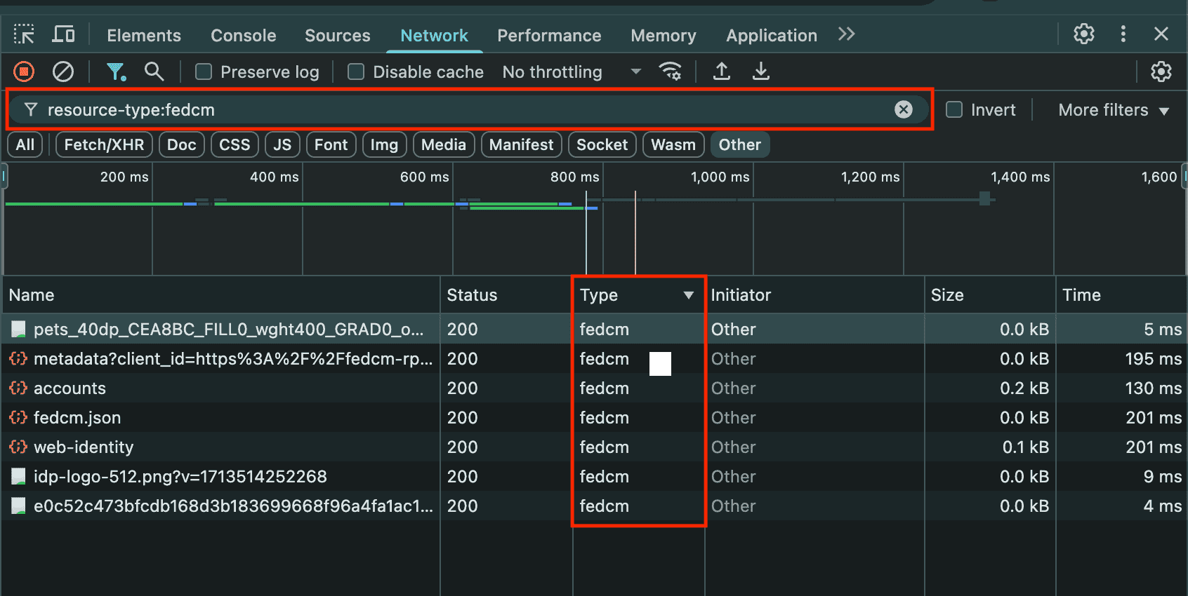 DevTools の [ネットワーク] パネルが開いており、[resource-type:fedcm] フィルタが適用され、リストに FedCM リクエストのみが表示されています。
