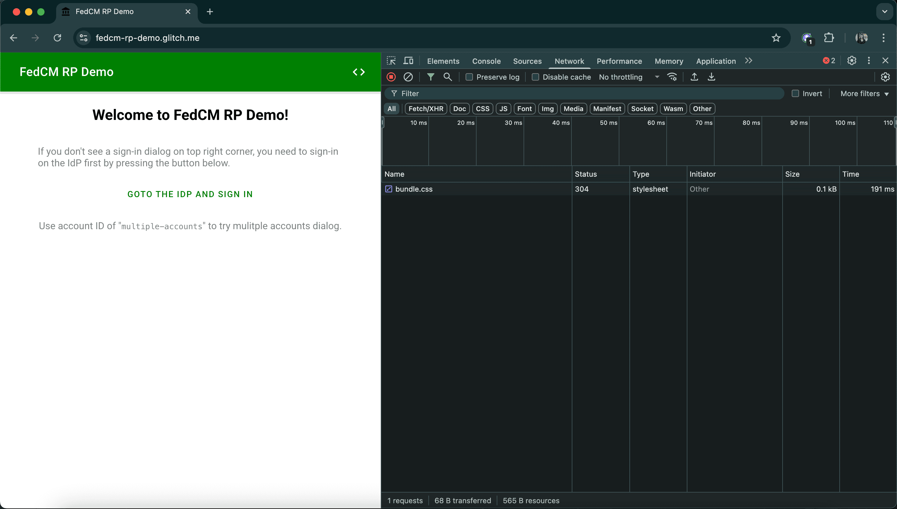 Il riquadro Rete di DevTools è aperto sul lato destro dello schermo.