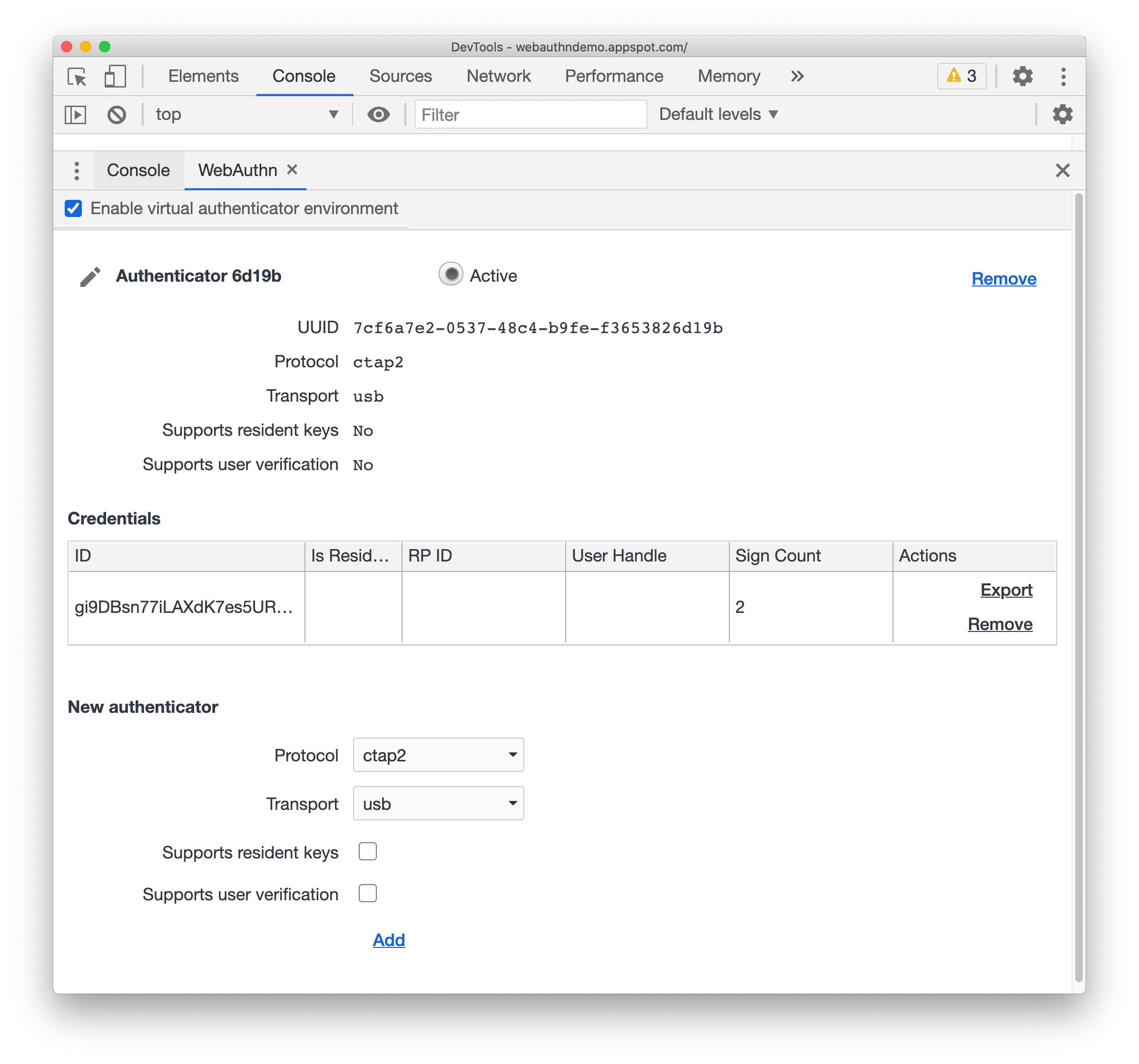 新的 WebAuthn 标签页