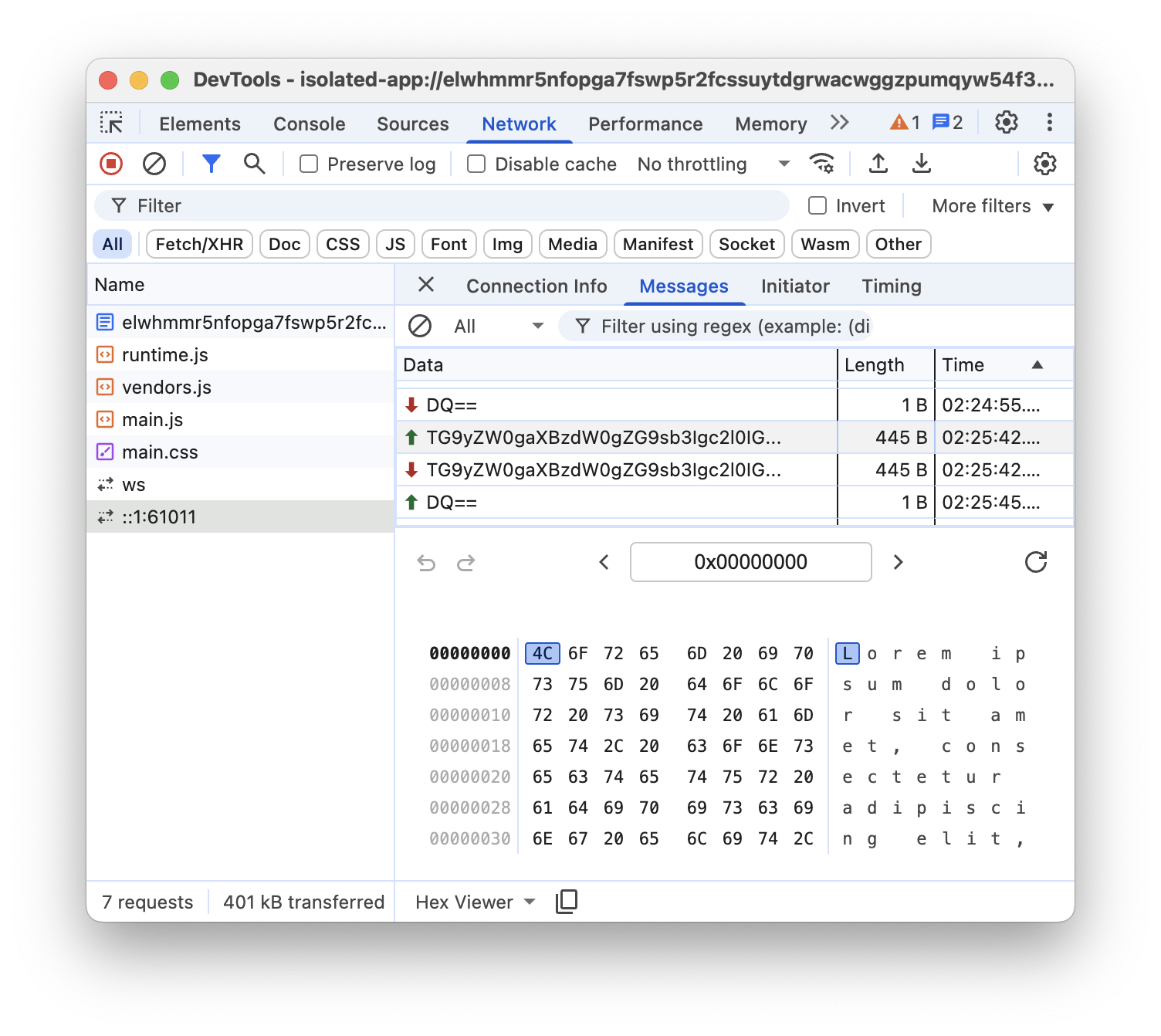 The data in the Messages tab in DevTools.