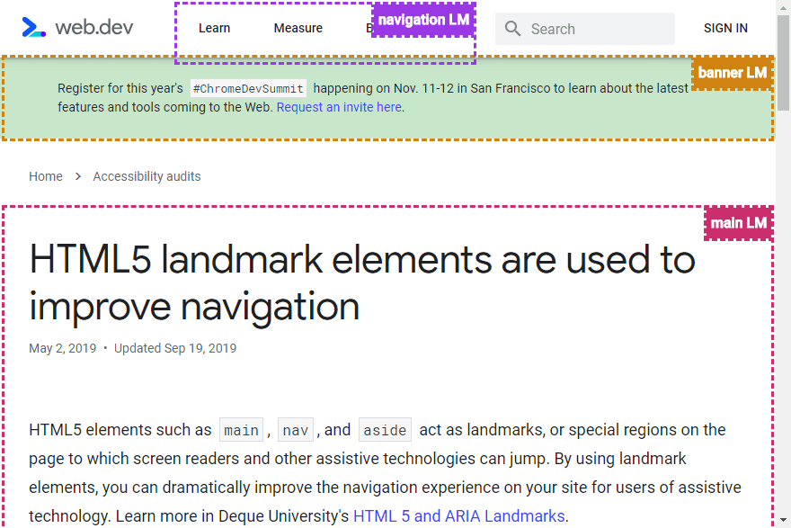 Capture d&#39;écran de web.dev avec des points de repère mis en évidence par l&#39;extension Accessibility Insights